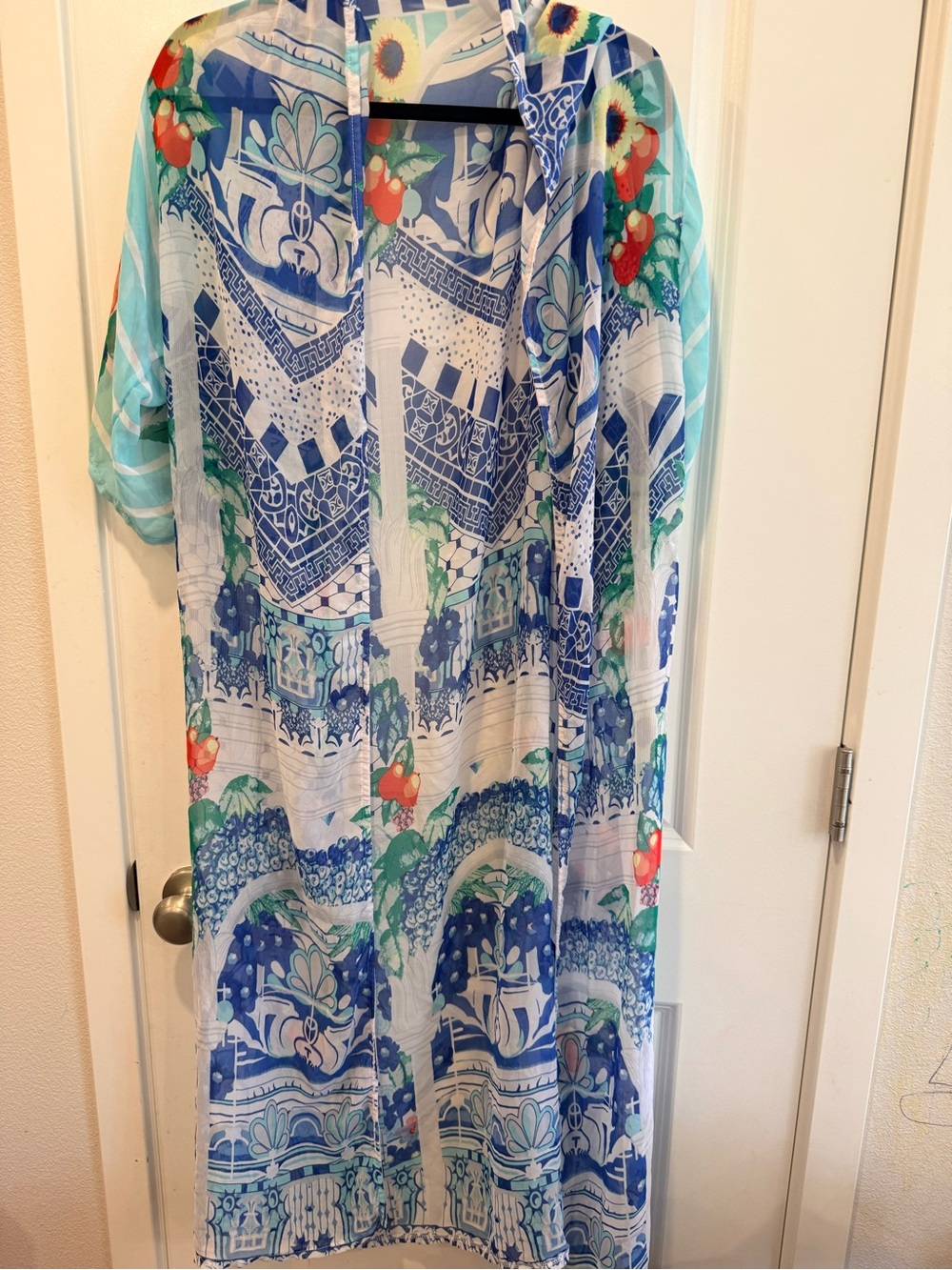Sheer Patterned Blue & Teal Kimono Cover-Up
